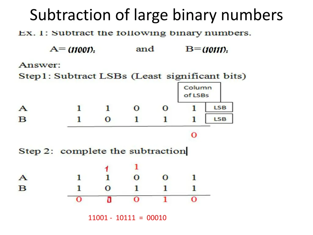 subtraction of large binary numbers