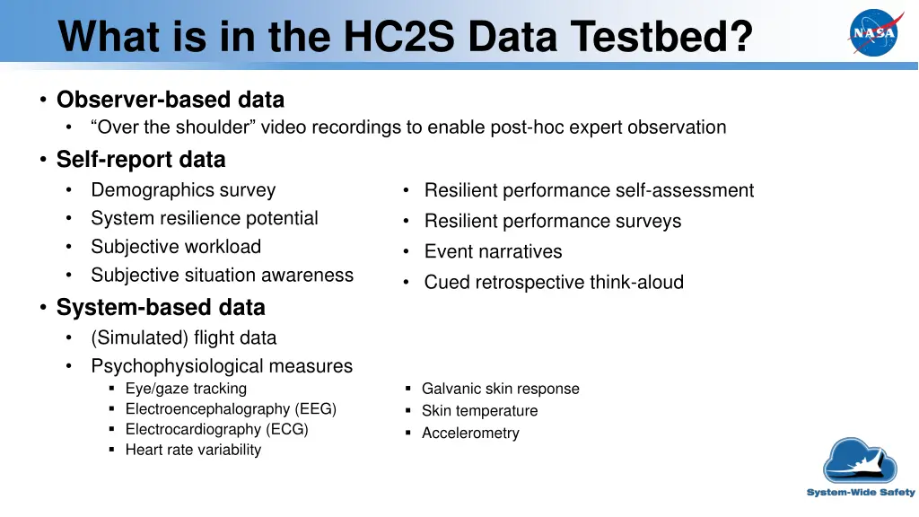 what is in the hc2s data testbed