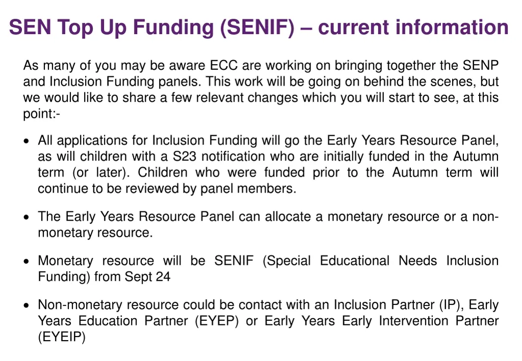 sen top up funding senif current information