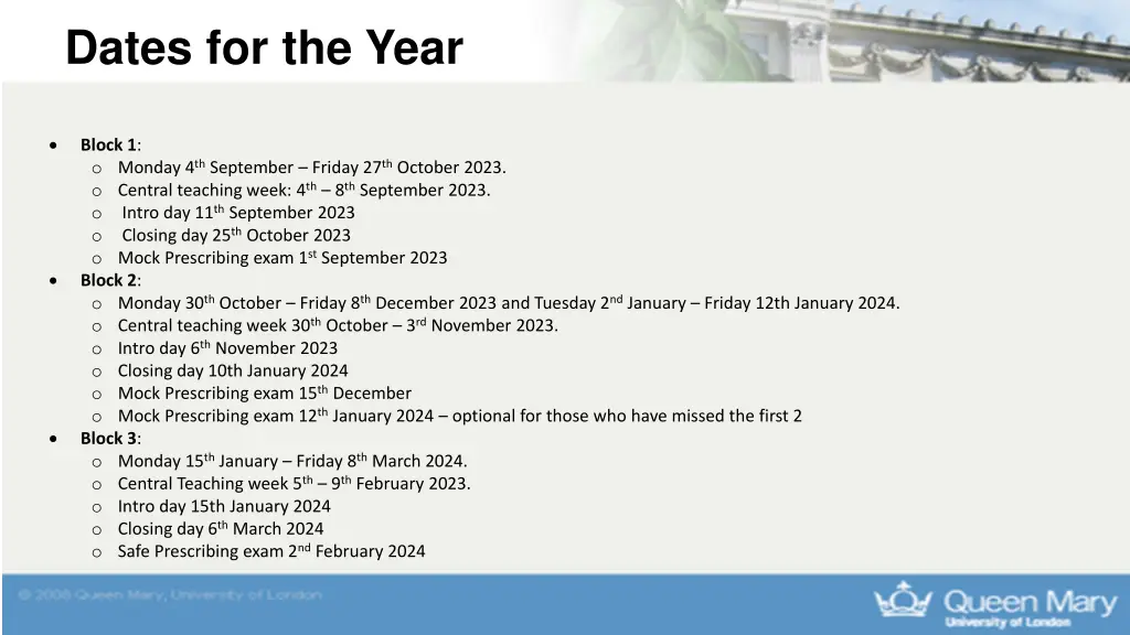 dates for the year