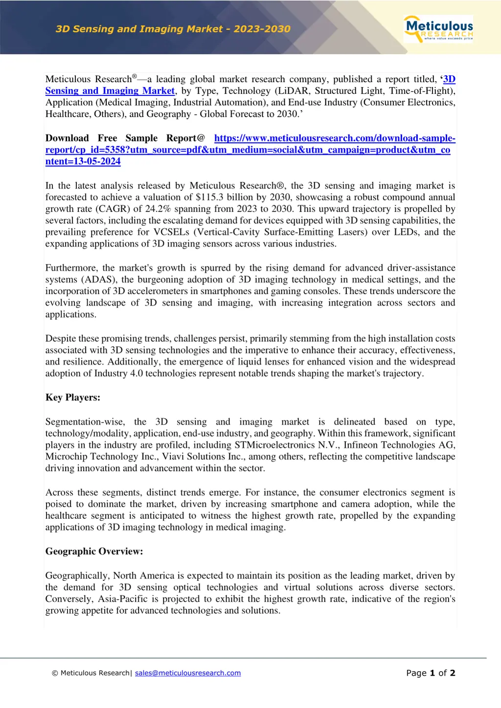 3d sensing and imaging market 2023 2030