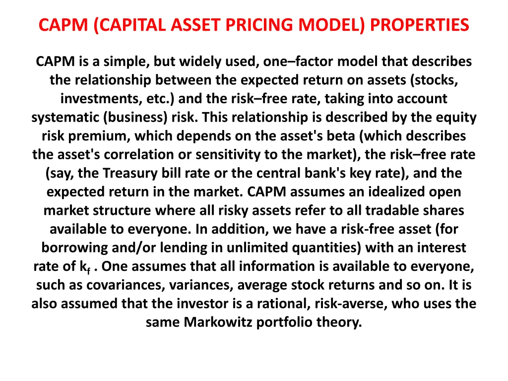 capm capital asset pricing model properties