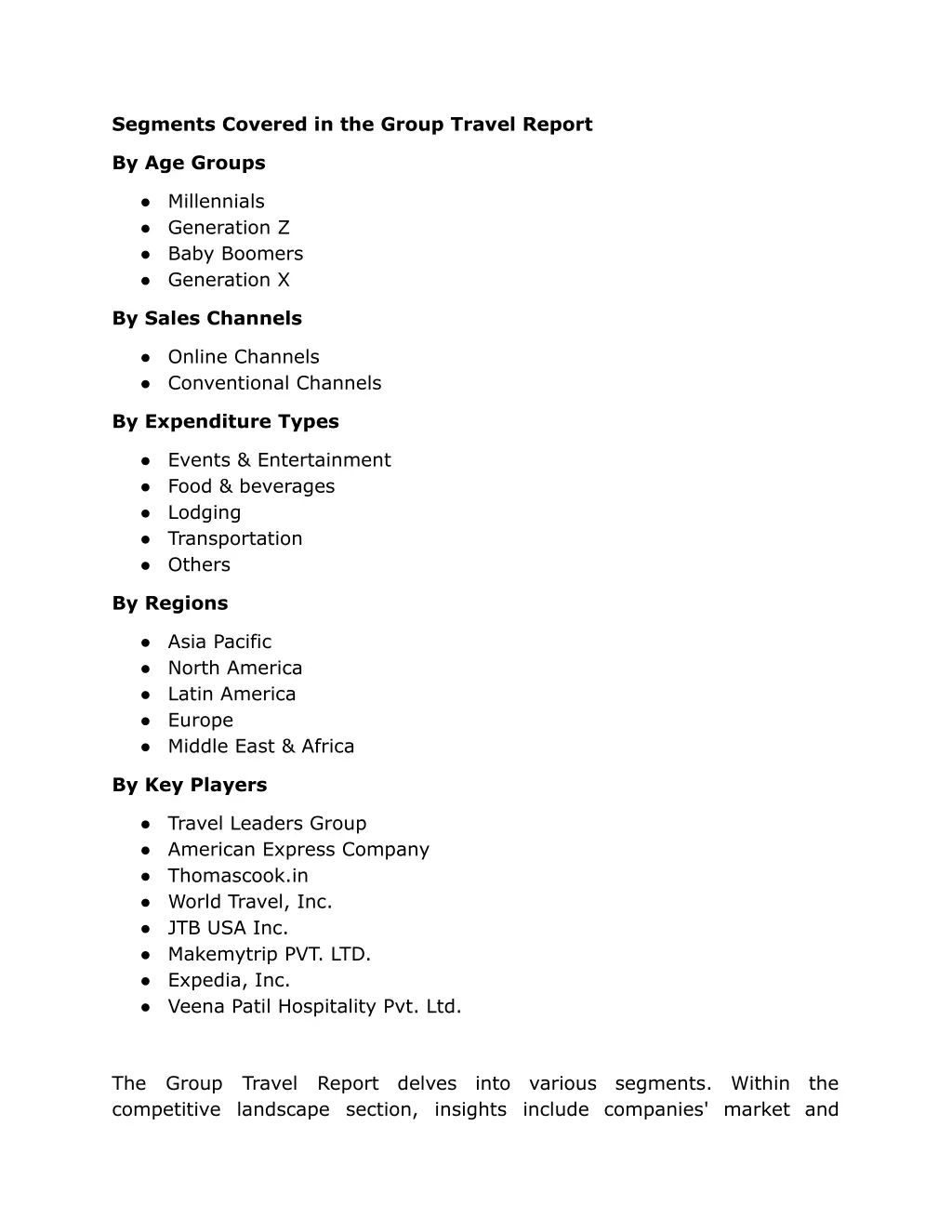 segments covered in the group travel report