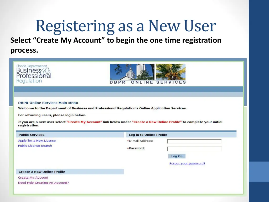 registering as a new user select create
