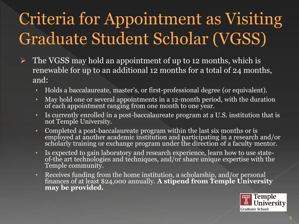 criteria for appointment as visiting graduate