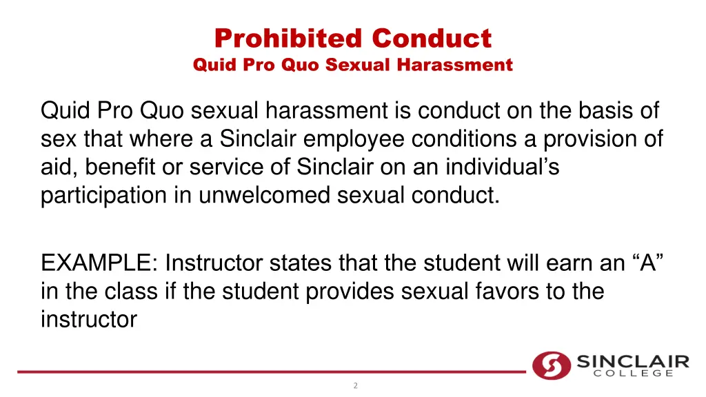 prohibited conduct quid pro quo sexual harassment