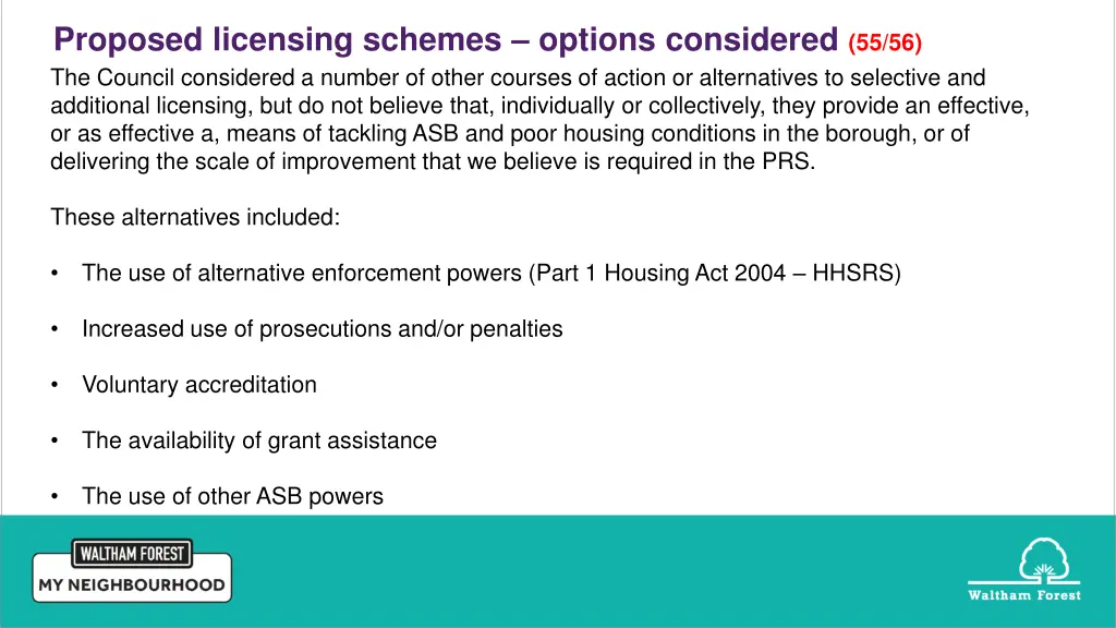 proposed licensing schemes options considered