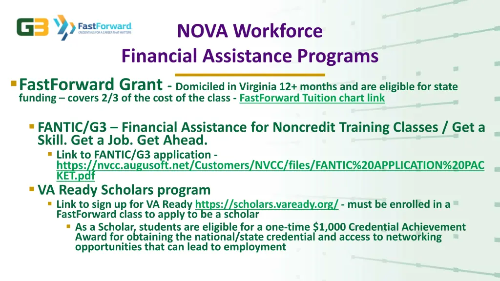 nova workforce financial assistance programs