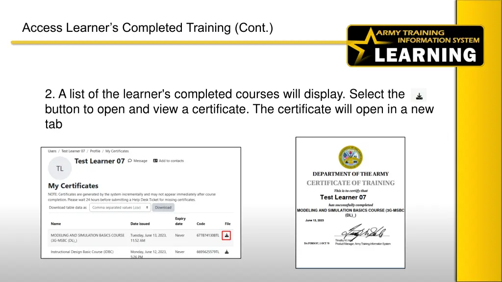 access learner s completed training cont