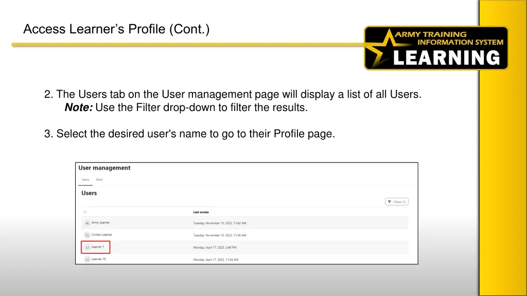 access learner s profile cont