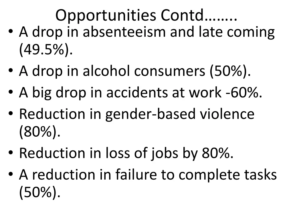 opportunities contd a drop in absenteeism