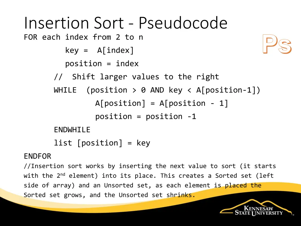 insertion sort pseudocode for each index from