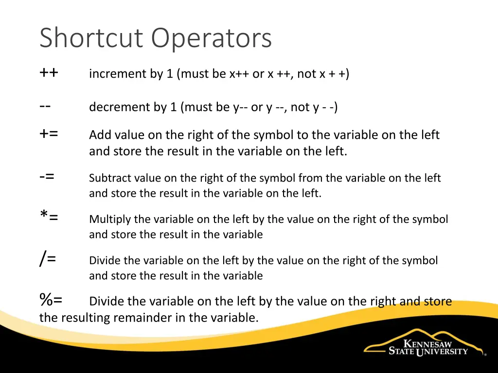 shortcut operators increment by 1 must