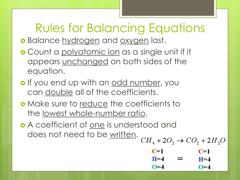 rules for balancing equations balance hydrogen