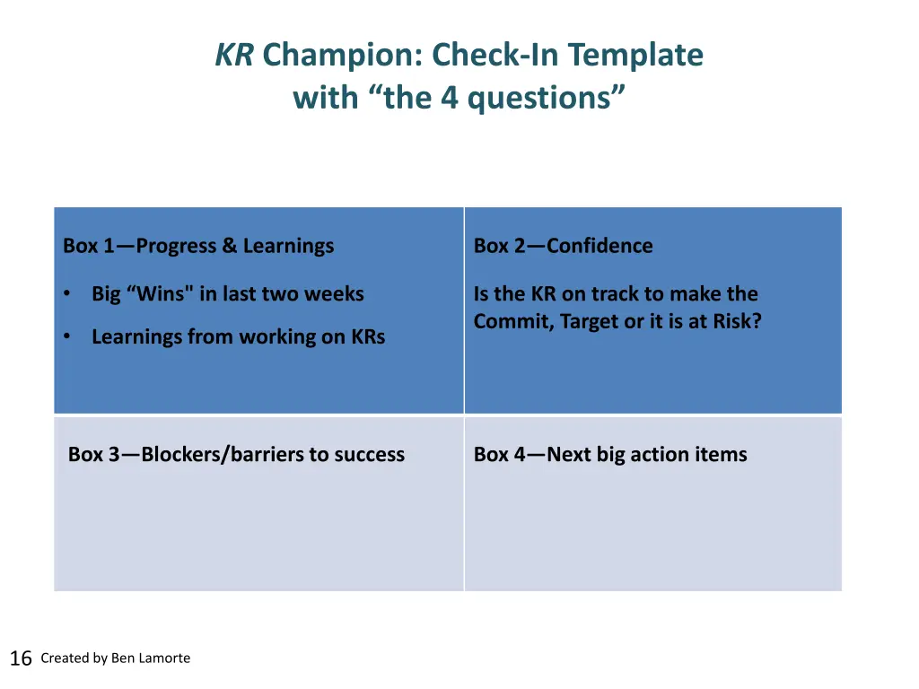 kr champion check in template with the 4 questions