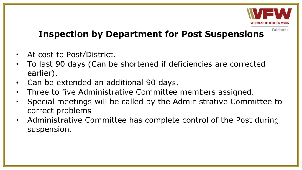 inspection by department for post suspensions