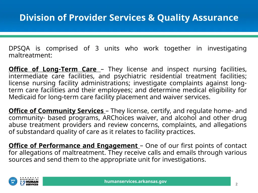 division of provider services quality assurance