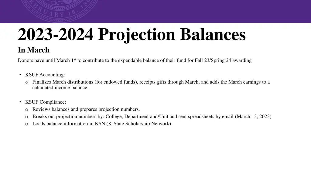 2023 2024 projection balances in march