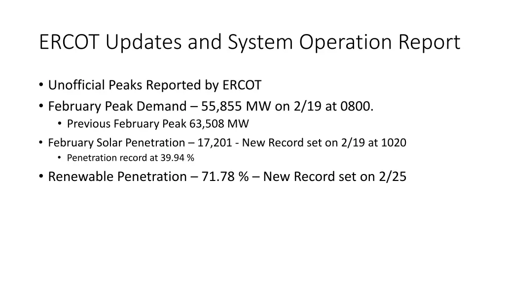 ercot updates and system operation report