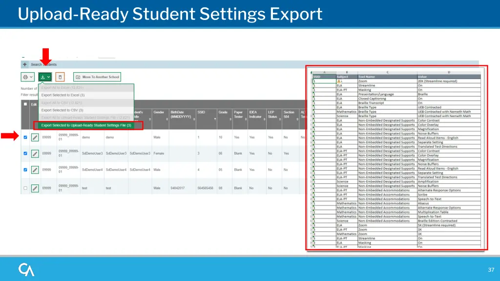 upload ready student settings export