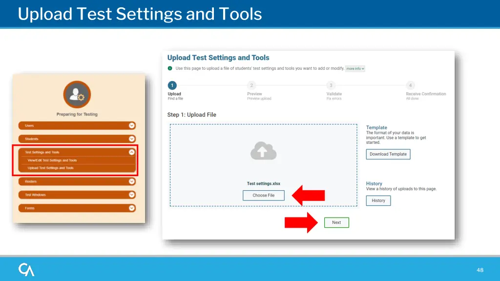 upload test settings and tools