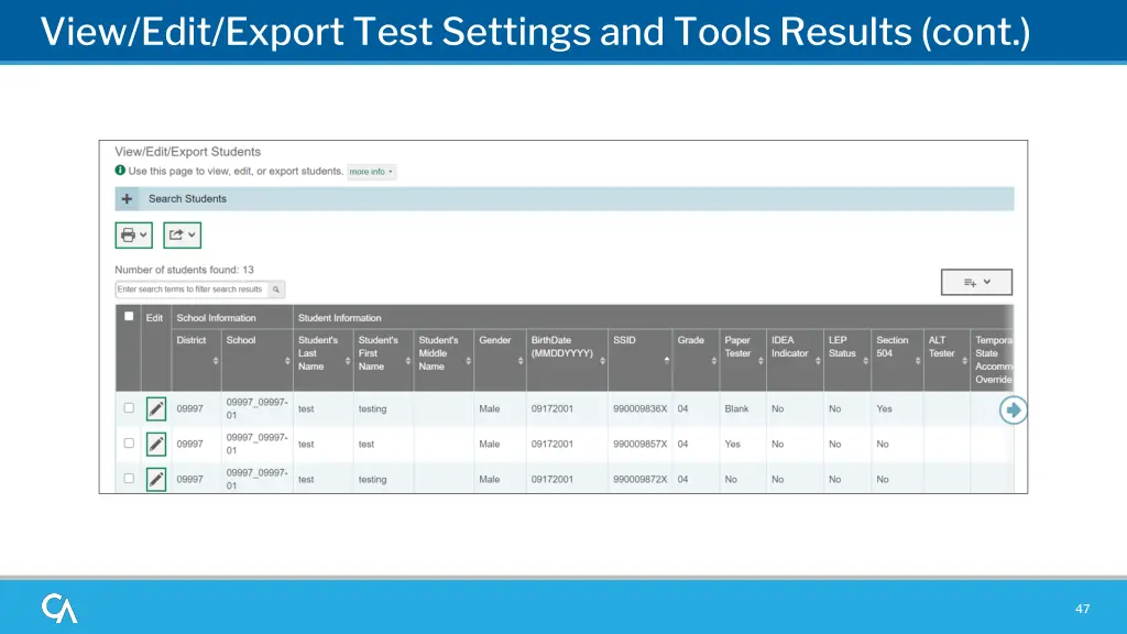 view edit export test settings and tools results 1