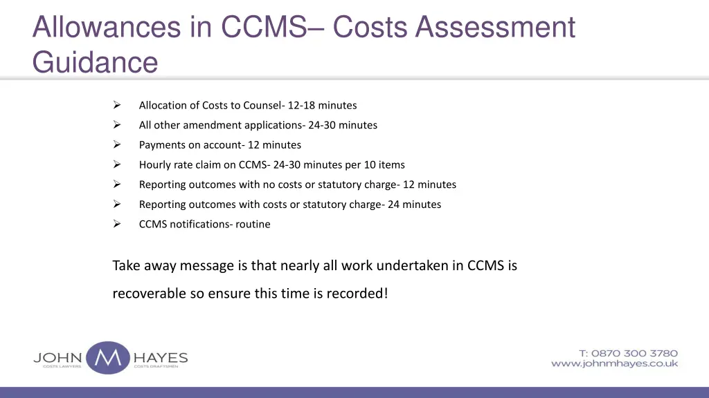 allowances in ccms costs assessment guidance