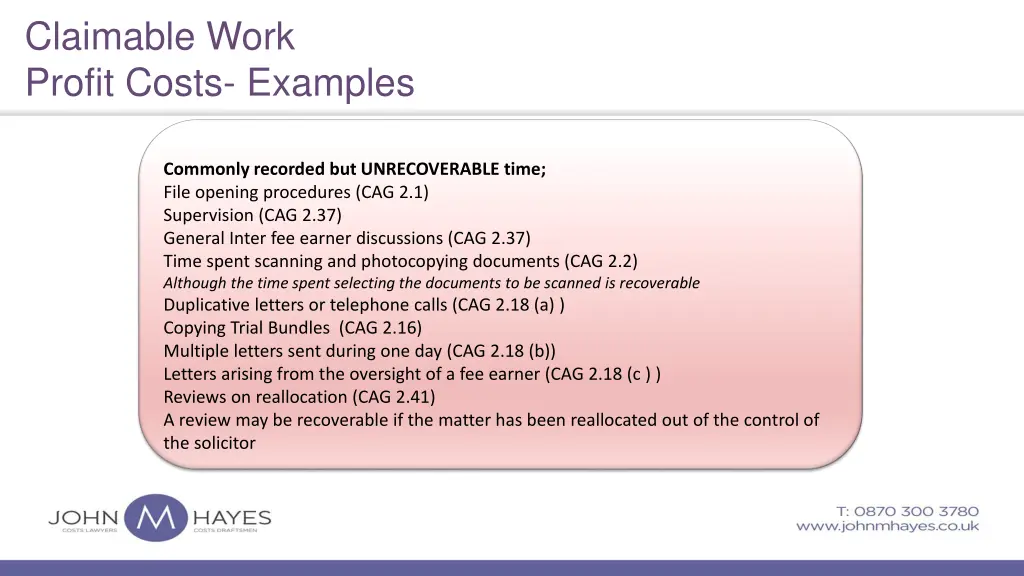 claimable work profit costs examples 1