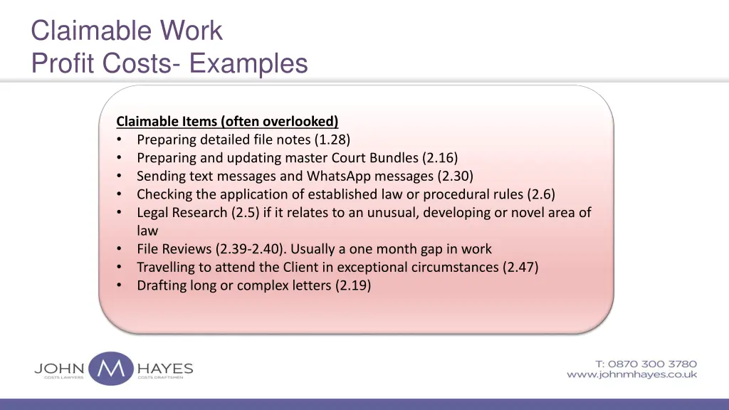 claimable work profit costs examples