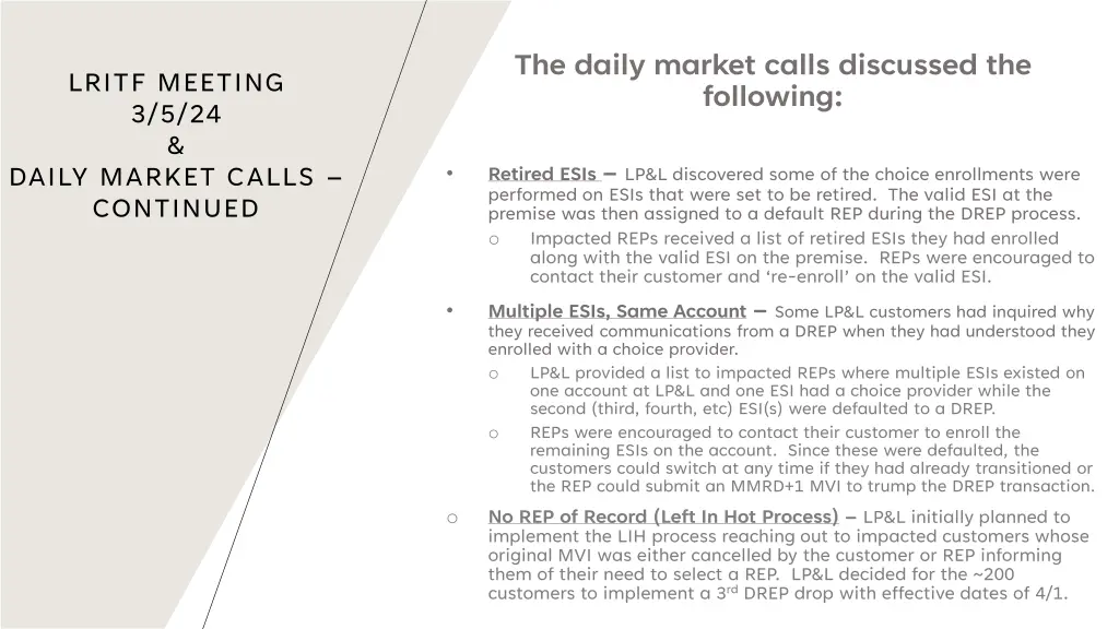 the daily market calls discussed the following