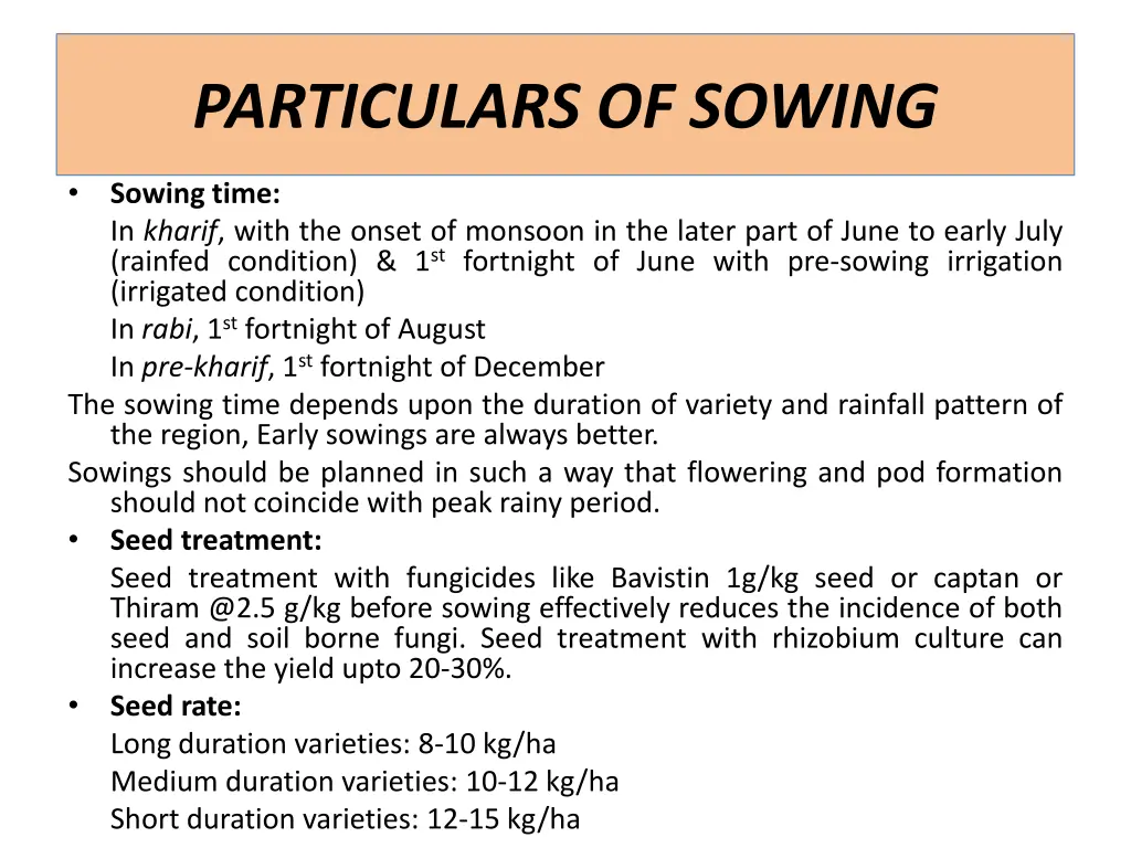 particulars of sowing