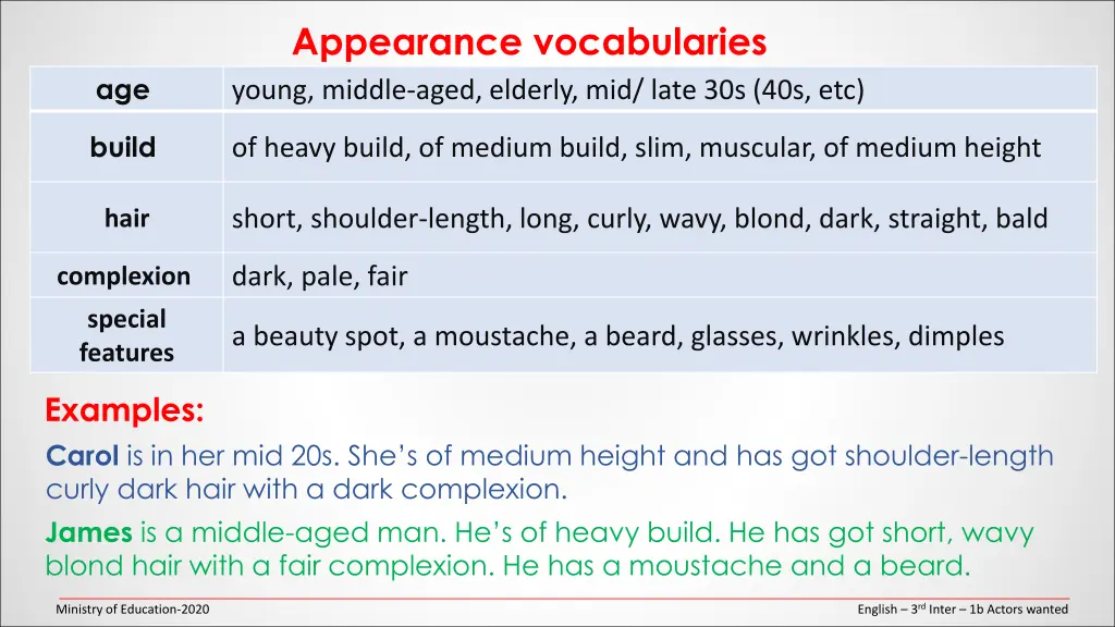 appearance vocabularies