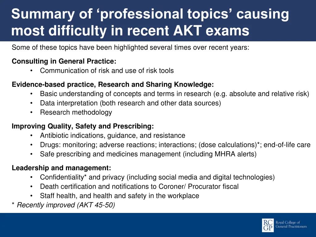 summary of professional topics causing most