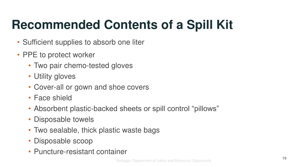 recommended contents of a spill kit
