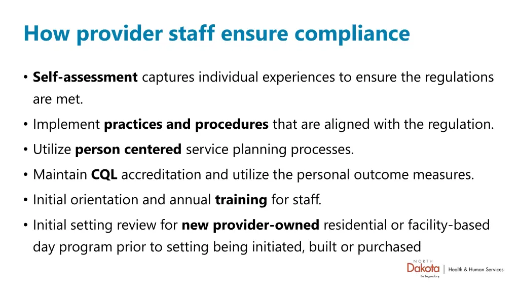 how provider staff ensure compliance