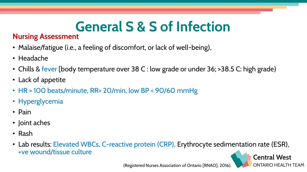 general s s of infection nursing assessment