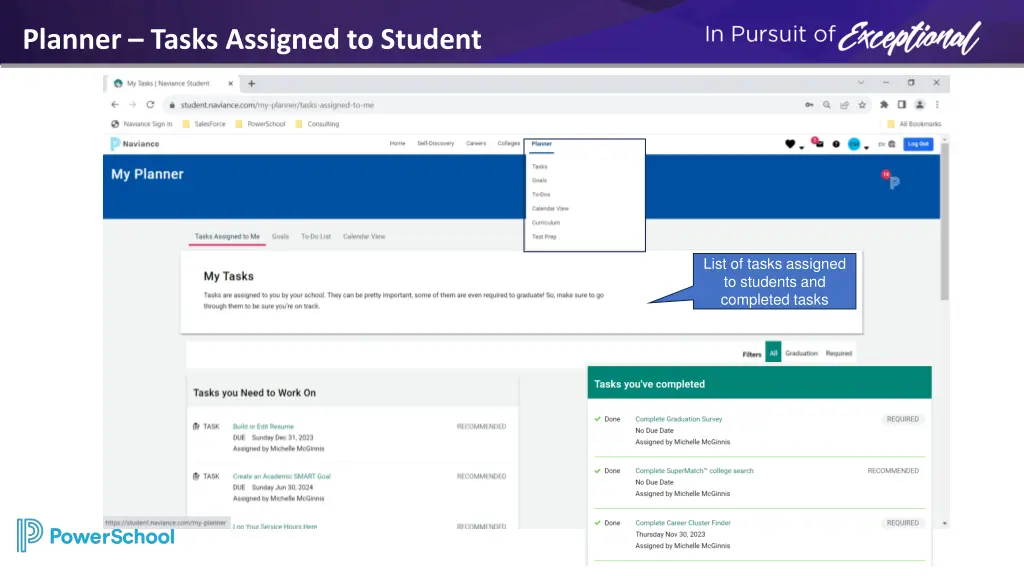 planner tasks assigned to student