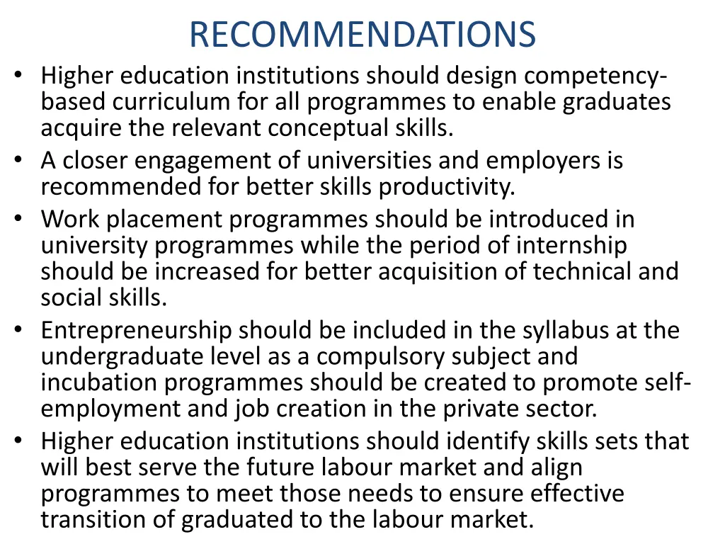 recommendations higher education institutions