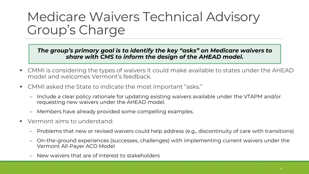 medicare waivers technical advisory group s charge