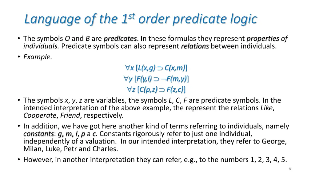 language of the 1 st order predicate logic