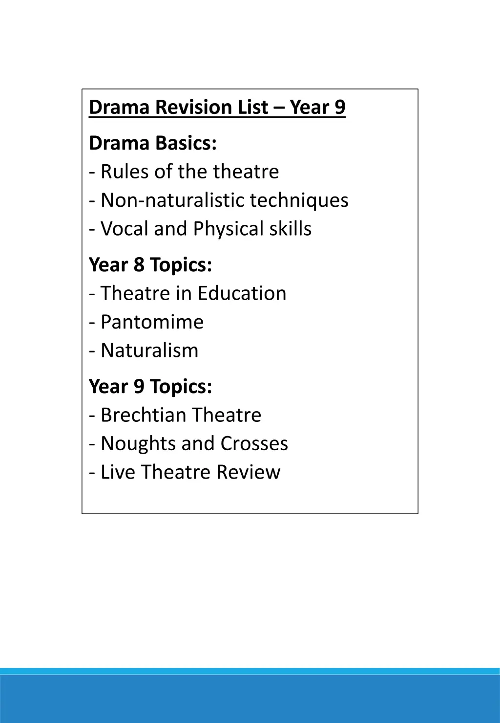 drama revision list year 9