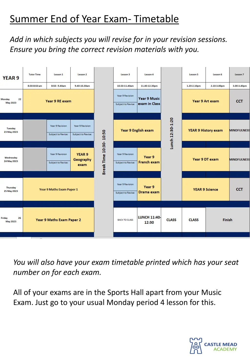 summer end of year exam timetable