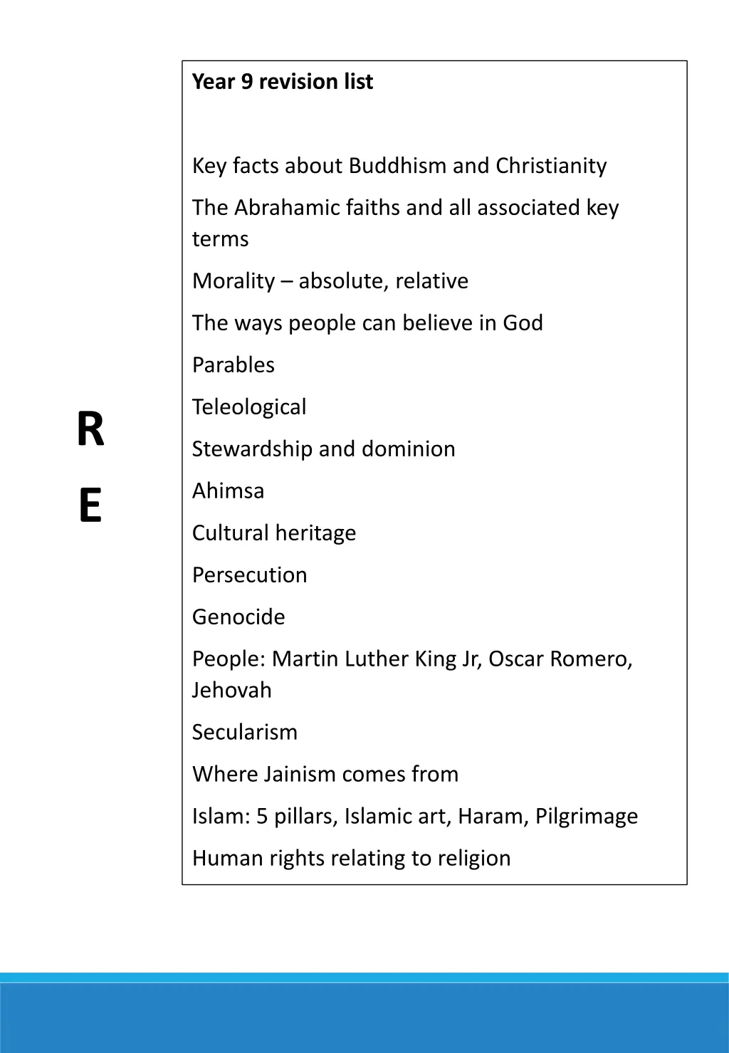 year 9 revision list