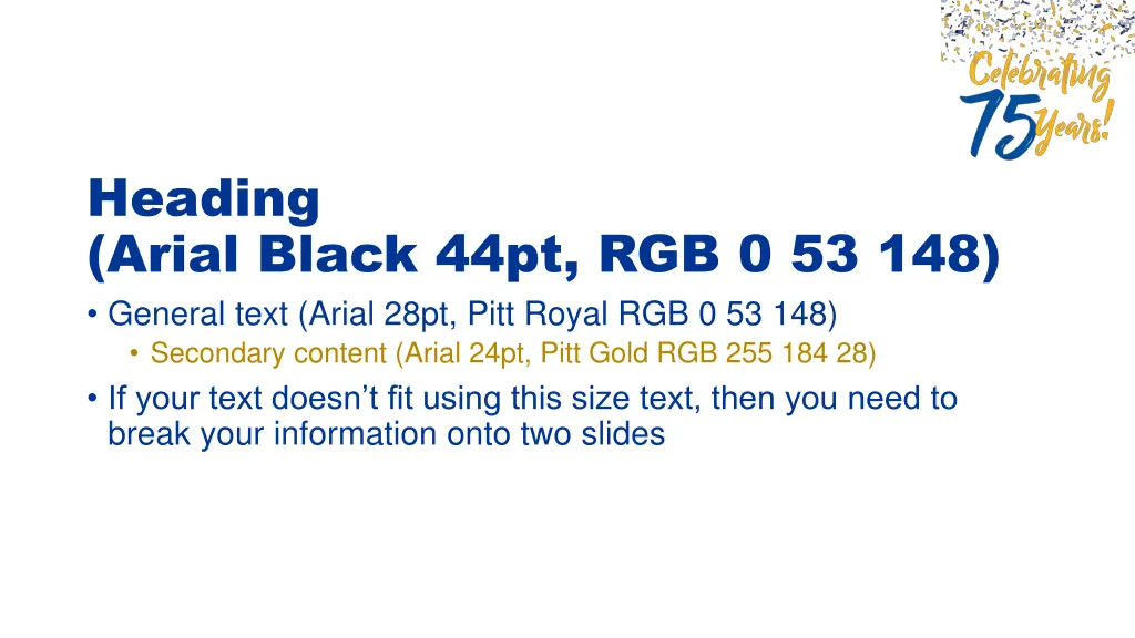 heading arial black 44pt rgb 0 53 148 general