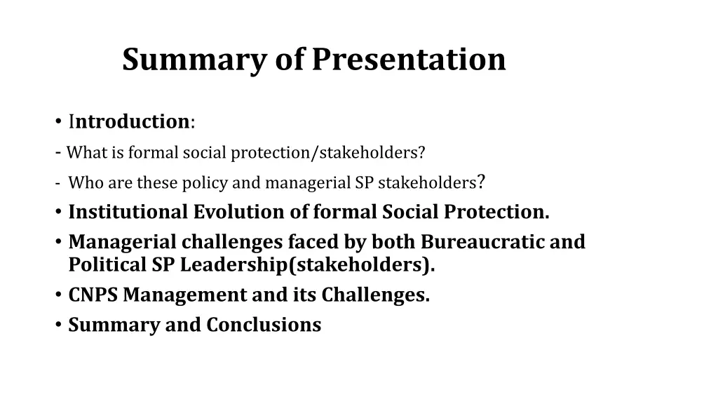 summary of presentation