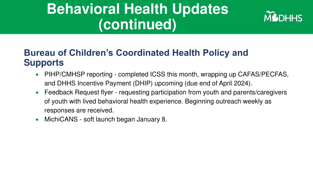 behavioral health updates continued