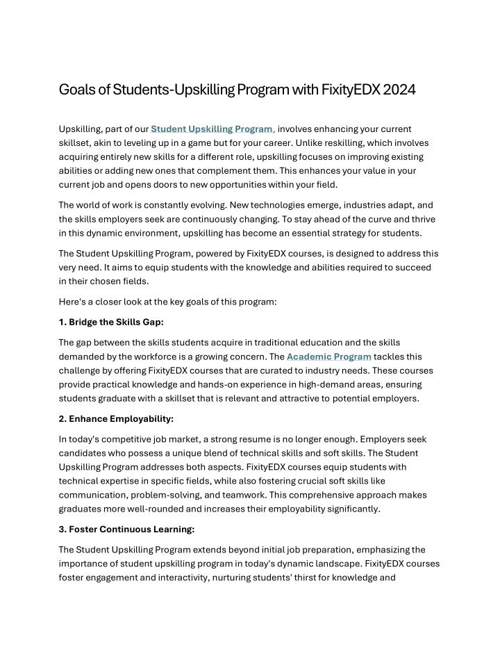 goals of students upskilling program with