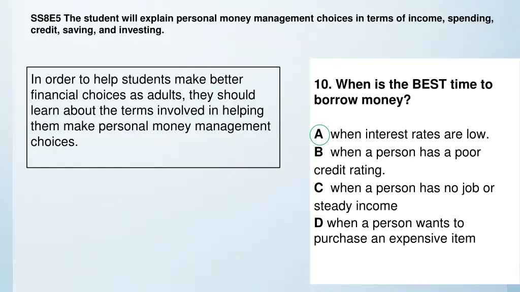 ss8e5 the student will explain personal money