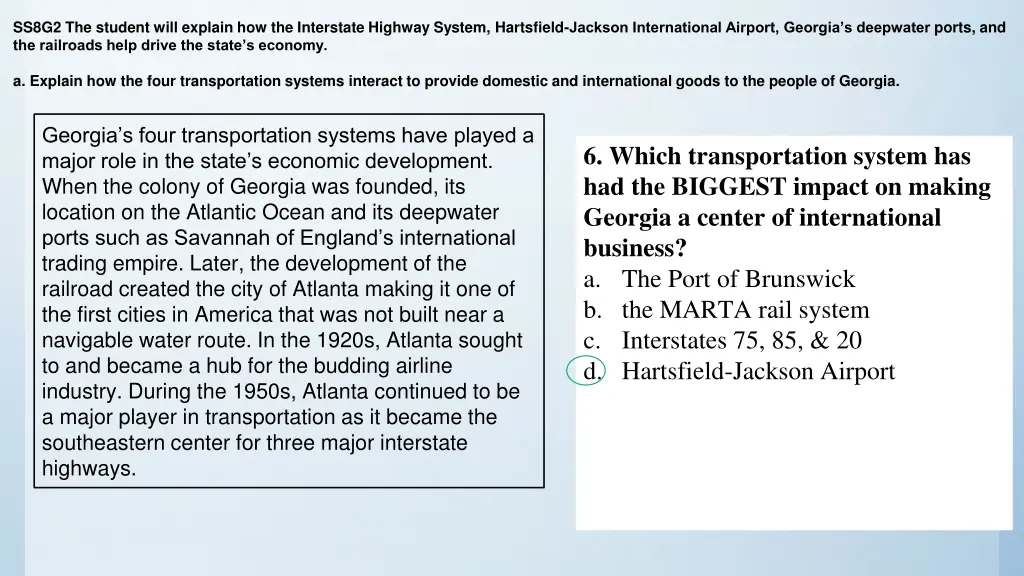 ss8g2 the student will explain how the interstate