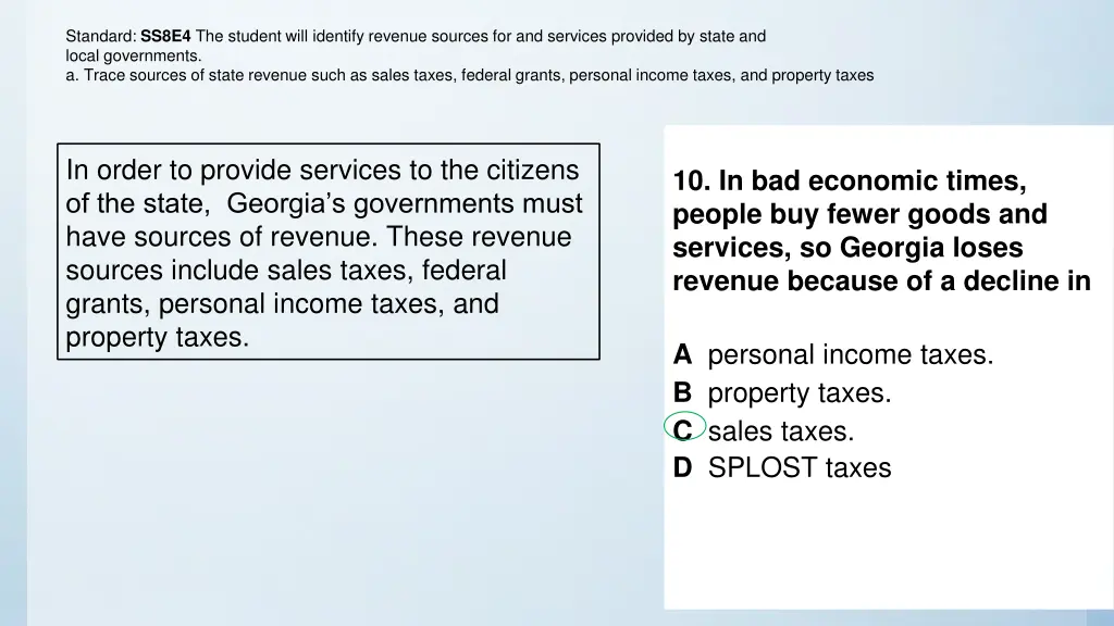 standard ss8e4 the student will identify revenue 1